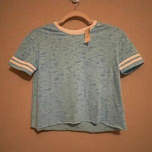 Justice, size 10 Cropped, Teal and White Mesh Jersey Tee.